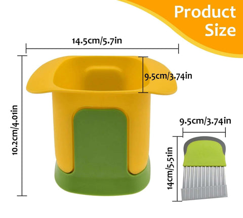 Front view of HONSNKS hand-operated vegetable chopper with yellow top and green base; stainless steel blade.