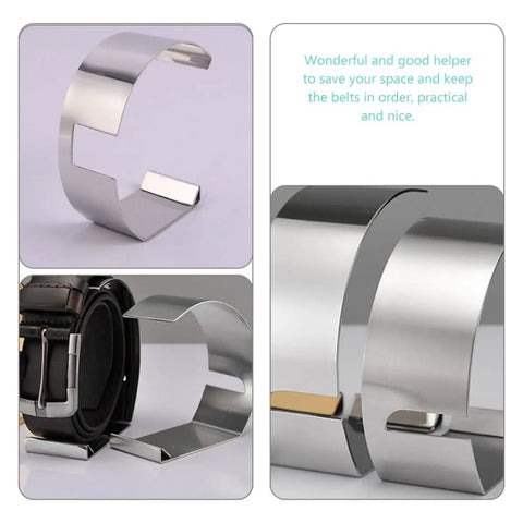 Slick Stainless Steel Belt Rack And Closet Display Stand For Fashion Gear Flexible Storage Organizer That Kicks Clutter To The Curb And Keeps Your Wardrobe Looking Fresh, showcasing curved design and practical use for organizing belts.