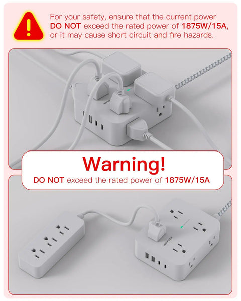 Power Strip Surge Protector With Eight Outlets And Four USB Ports Including Two USB C To Charge All Your Gadgets At Home Or In The Office Flat Plug Wall Mount Desk Station With A 5 Ft Braided Cord ETL shown in use with a safety warning.