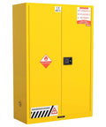 60 Gallon Flammable Safety Cabinet With Double Doors Chemical Storage Two Adjustable Shelves 180 Degree Opening 135 Degree Self Close Leakproof Sump Heavy Duty Lab Or Shop Safe Storage, yellow steel front view