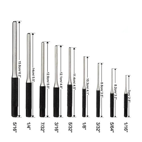 Premium 9-Piece Steel Round Head Punch Set For Guns with Multi Size Grip Roll Pins And Hollow End Starter Chisels To Disassemble Fast Safe Tool Kit, sizes 5/16 to 1/16