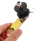 Universal Heavy Duty Chain Tensioner Kit With Black Metal Guide Roller Fits Dirt Bikes And Quads Ideal For Quick Easy Bike Repair And Transmission Maintenance To Keep Your Drive Chain Tight Without Using Any Tools For Awesome Off Road Riding Vibes. black roller on zinc bracket in hand