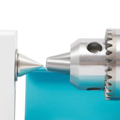 Detail of the chuck and tailstock of the 96W Mini Wood Lathe Machine With Pure Copper Motor 7 Adjustable Speeds For Hobbyist Woodturning.