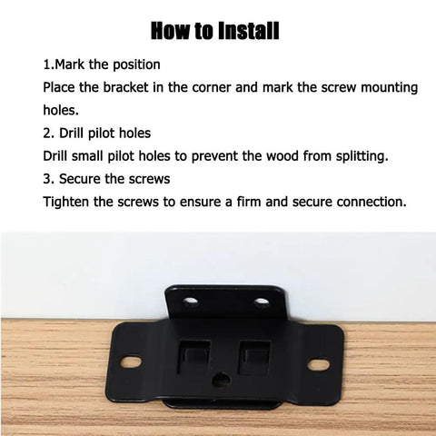 Heavy Duty Stainless Steel Corner Brackets Set 8 Pack With Screws Quick Fitting shown with installation guide on wood surface.