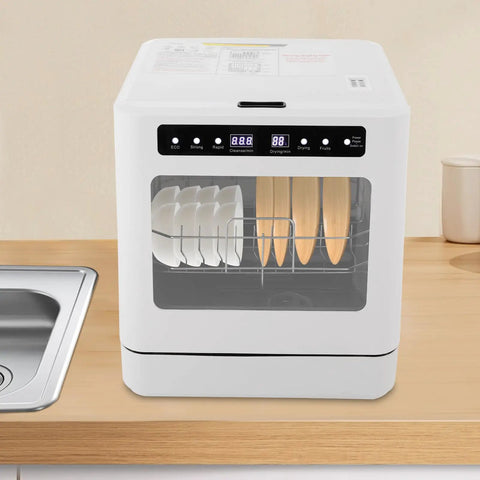 No Sweat Sleek Countertop Dishwasher Portable Electric Mini Washing Machine With Led Display And Rustproof Stainless Steel Interior on kitchen counter.