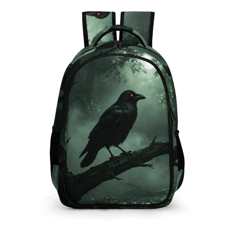 Dope Red Eye Crow Mist Woods Printed Backpack featuring crow design on large capacity daypack, durable polyester, smooth zipper