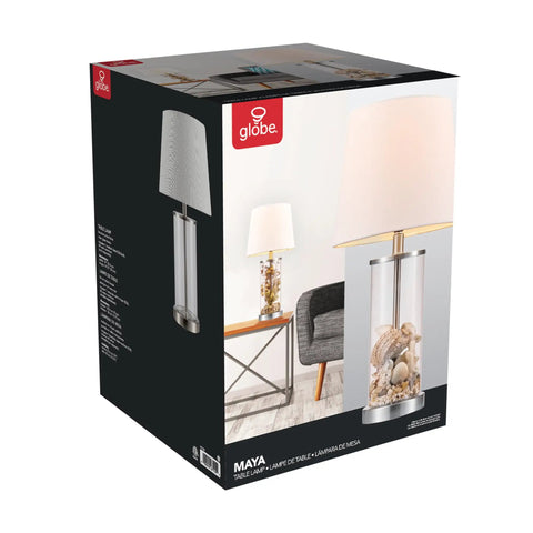 Packaging of Maya 21 Inch Fillable Table Lamp With Clear Glass Base And White Linen Shade Coastal Transitional Style For Living Room Bedroom Or Home Office Fillable Base Lets You Add Personal Keepsakes Up To Ten Pounds.