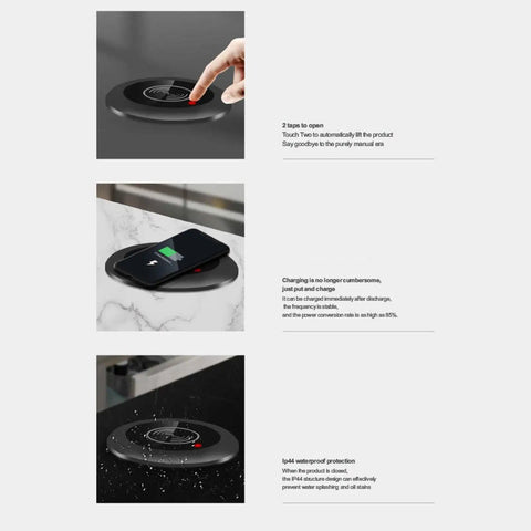 Sweet Top Shelf Countertop Pop Up Socket With Wireless Fast Charging Pad Touch Activation showing charging process, waterproof design, touchscreen.