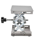 Adjustable Stainless Steel Lab Lift Table With Smooth Flat Surface For Welding Positioner Shop Rig Heavy Duty Support Stand Built Like A Tank And Rust Resistant, side view with a black knob.
