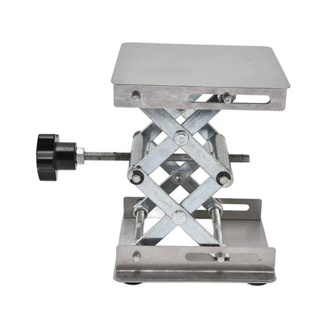 Adjustable Stainless Steel Lab Lift Table With Smooth Flat Surface For Welding Positioner Shop Rig Heavy Duty Support Stand Built Like A Tank And Rust Resistant, side view with a black knob.