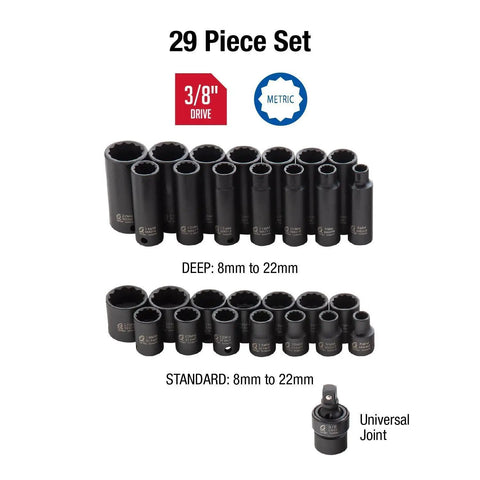 Three Eighths Inch Drive Pro Grade Master Impact Socket Set, 29-Piece Metric 8mm Through 22mm, 12-Point, standard and deep sockets shown