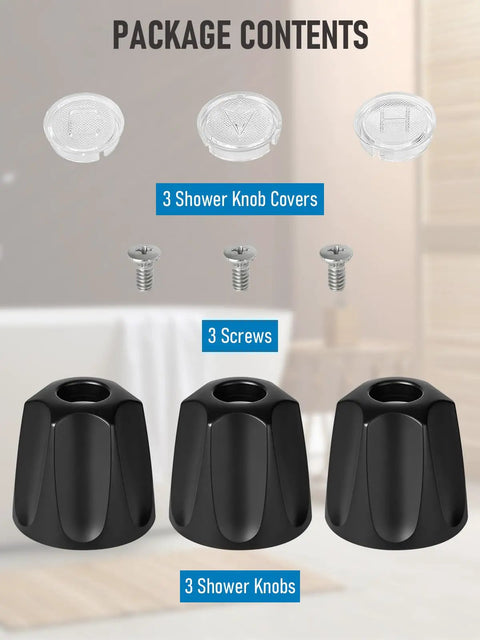 Replacement Shower Knob Kit For Verve Tub And Shower Faucets Matte Black with three knob covers, screws, and knobs.