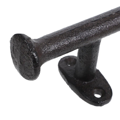 Close-up of Heavy Duty Cast Iron Gate Handle 11.81 Inch Barn Door Pull With Vintage Rustic Farmhouse Charm, textured iron and screw holes visible