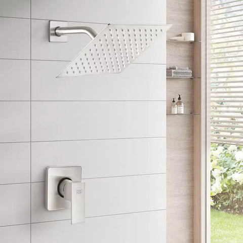 Bathroom with Brushed Nickel Rain Shower Head Kit With Wall Mounted Trim, Single Handle Valve, rough-in, 304 Stainless Steel