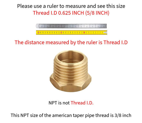 One Half Inch NPT Male To Three Eighth Inch NPT Female Beefy Brass Hex Bushing Reducer Adapter with ruler for size reference