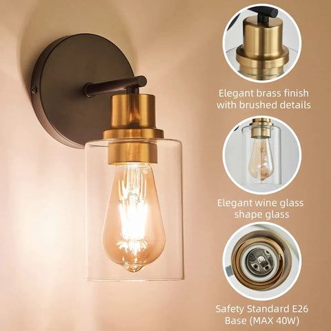 2 Pack Black And Gold Wall Sconces With Clear Glass Shades Sleek Modern Farmhouse Vanity Lights For Bathroom Bedroom And Living Room Durable Thickened Glass Easy Mount Sconce Lighting Fixtures showing brass finish and E26 base details.