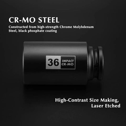 Close-up of a 36mm deep impact socket from Eight-Piece Half Inch Drive Deep Socket Set For Axle Nuts, made of Cr-Mo steel.