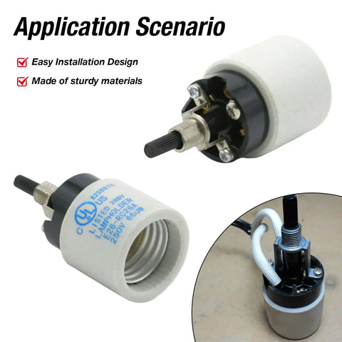 Rotary Lamp Switch Replacement With Socket Holder For E26 E27 Porcelain Light Socket And Switch 660W 250V UL Listed Safe Fit For Quick Plug and Play, angled view