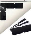 16 Pack Rug Tape Double Sided Carpet Tape Pads Grippers shown under a rug corner, preventing sliding on hardwood floors.