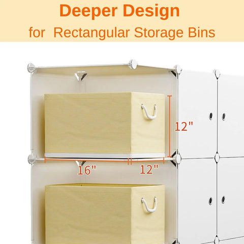 Close-up of Massive 42 Inch Wide Cube Storage Organizer with Doors showing dimensions and deeper design for rectangular bins.