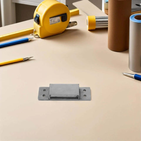 Concealed Adjustable 5 Inch Silver Door Hinge For Wooden Cabinets And Secret Bookcases, shown on a workbench surrounded by tools.