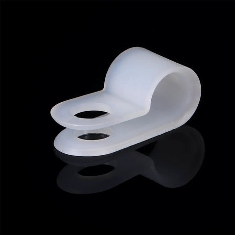 Close-up of R Type Cable Clips Set 50 Pack Nylon Wire Clamps No Fuss Quick Install With Screws For Snug Cable Management Quarter Inch White 94V2 Rated