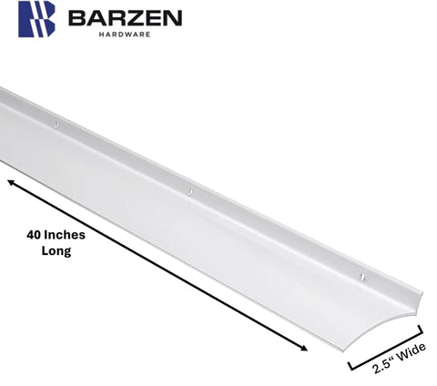Heavy Duty Exterior Door Rain Drip Guard With Slick White Aluminum Finish Universal Over Door Drip Cap Rain Deflector 40 inches long, 2.5 inches wide.