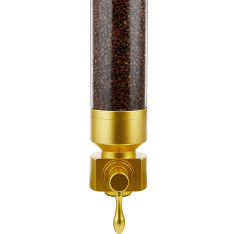 Rugged Gold Coffee Bean Dispenser Jar With Airtight Lid For Kitchen Counter Setup, glass and gold finish with coffee beans visible.