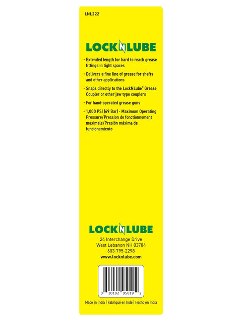 LockNLube XL Narrow Needle Greasing Adapter packaging, yellow box with green LockNLube logo and barcode.