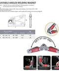 Premium Magnetic Welding Positioner Offering Slick 20 To 200 Degree Rotation And Tough Grip Lockup For Quick Angle Setting and No Sweat Setup On Steel Parts image showing adjustable angles for welding magnet.