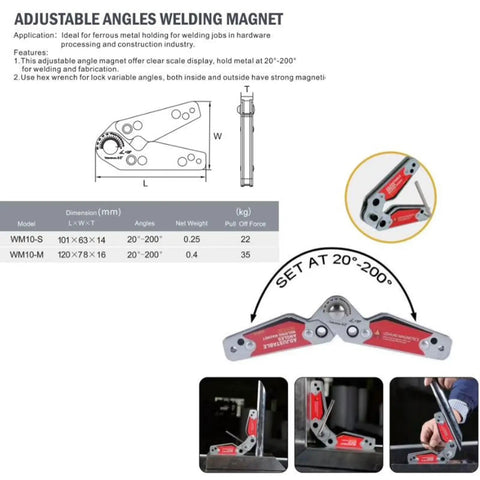 Premium Magnetic Welding Positioner Offering Slick 20 To 200 Degree Rotation And Tough Grip Lockup For Quick Angle Setting and No Sweat Setup On Steel Parts image showing adjustable angles for welding magnet.