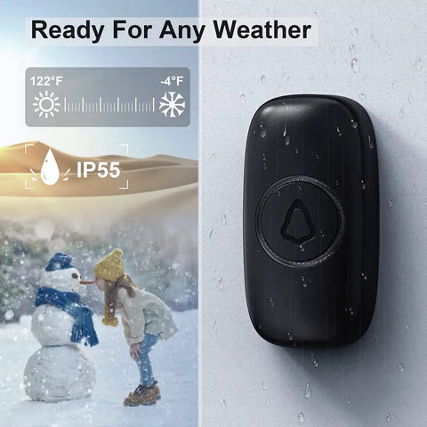 Wireless Doorbell Long Range Over 1000ft With 2 Plug In Receivers Includes Waterproof Button, 52 Chimes, 110dB Loud Tone And Colorful LED Flash, Super Easy Install No Wiring Needed, Great For Home Or Office. Black waterproof doorbell button on wall