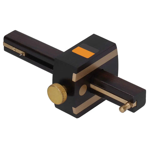Heavy Duty Top Shelf 8 Inch Adjustable Marking Gauge Featuring Slick Triple Needle Scribe For Tight Layouts And Gotta Have Woodworking Carpentry Projects Now, showing ebony brass frame and steel pins.