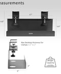 No Drill Clamp On 17 Inch Power Strip Tray For Under Desk Cable Management with size measurements and clamp details