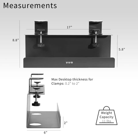 No Drill Clamp On 17 Inch Power Strip Tray For Under Desk Cable Management with size measurements and clamp details