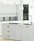 White kitchen with Ten Pack Three Inch Walnut Wood Grain Cabinet Pulls In Matte Black Metal Drawer Handles For Dresser And Cupboard Durable Wood Grain Finish Five Inch Total Length Three Inch Hole Centers For Easy Mounting visible on drawers.
