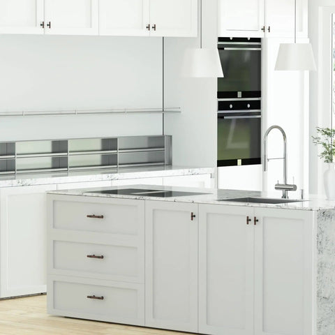 White kitchen with Ten Pack Three Inch Walnut Wood Grain Cabinet Pulls In Matte Black Metal Drawer Handles For Dresser And Cupboard Durable Wood Grain Finish Five Inch Total Length Three Inch Hole Centers For Easy Mounting visible on drawers.