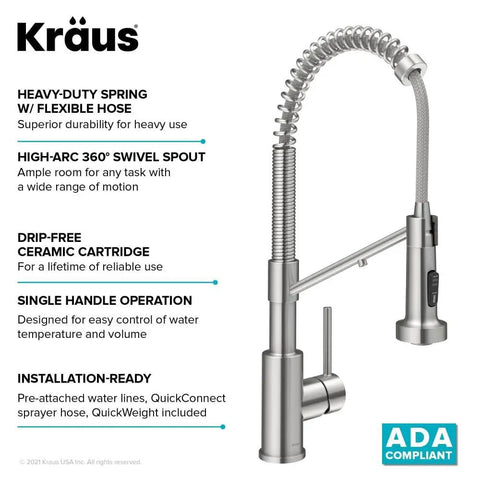 Heavy Duty Stainless Steel Pull Down Kitchen Faucet With Built In Water Filter, 360 swivel spout, drip-free ceramic cartridge, single handle design.
