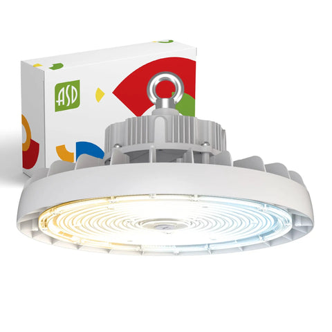 Beefed Up 300W LED High Bay UFO Light for Warehouses, Dimmable, 3 CCT 3000K 4000K 5000K, shown with packaging