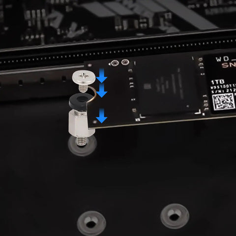 Close-up of 46 Pieces NVMe M.2 SSD Mounting Screws Kit with magnetic screwdriver securing M.2 drive to motherboard