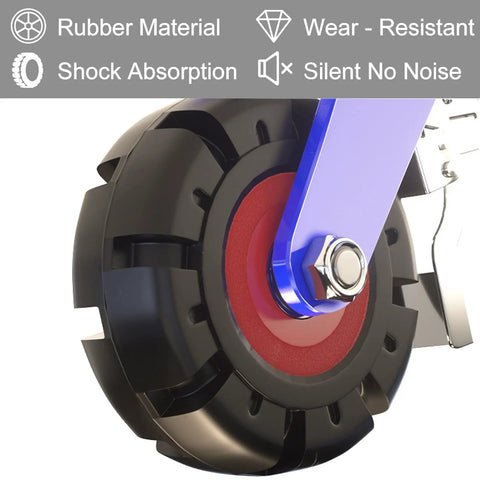 Heavy Duty Caster Set Of Four With Locking Brakes And Professional Rubber Swivel Wheels close-up showing black rubber wheel with red center.