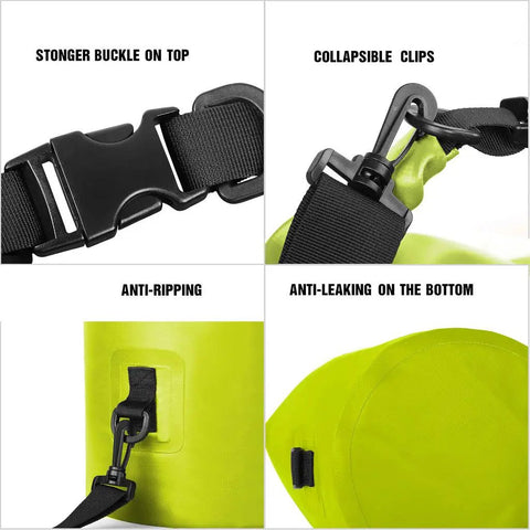 Close-up of Floating Waterproof Dry Bag 2L for Kayaking with buckle, clips, anti-ripping seam, and anti-leak bottom in yellow.