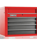 Big Boy Garage Must Have 34 Inch Black Top Chest With Four Ball Bearing Drawers For Heavy Duty Workshop Setup And Smooth Daily Tool Organization Rugged Build in red with five spacious drawers.