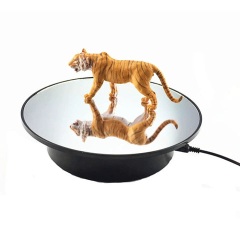 Premium Electric Rotating Turntable Display Stand With Adjustable Speeds For Jewelry Makeup And Ornaments Black Base Mirror 360 Swivel showcasing a toy tiger.