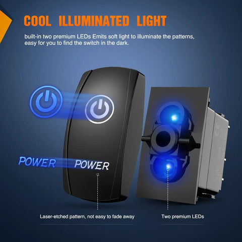 Beefy Blue 5 Pin LED Rocker Switch SPST On Off 20A 12V 10A 24V With Jumper Wires, illuminated light and laser-etched pattern