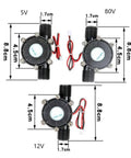 3-Pack Mini Hydroelectric Generator With Micro Water Turbine Output 5V 12V 80V DC Portable Charger Half Inch Thread Hydroelectric Turbine For On The Go Charging And Sustainable Power shown with dimensions and wiring
