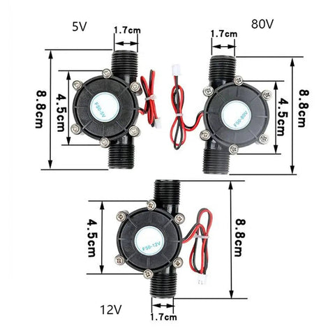 3-Pack Mini Hydroelectric Generator With Micro Water Turbine Output 5V 12V 80V DC Portable Charger Half Inch Thread Hydroelectric Turbine For On The Go Charging And Sustainable Power shown with dimensions and wiring