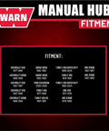 Fitment chart for WARN manual hubs showing compatible vehicle makes and models for Standard Manual Locking Hubs for 30-Spline Axles.