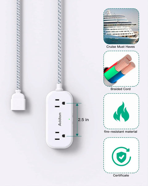 All In One Worldwide Travel Adapter with Dual AC Outlets and USB Ports, 2.5 in size, braided cord, fire-resistant, cruise must-haves.
