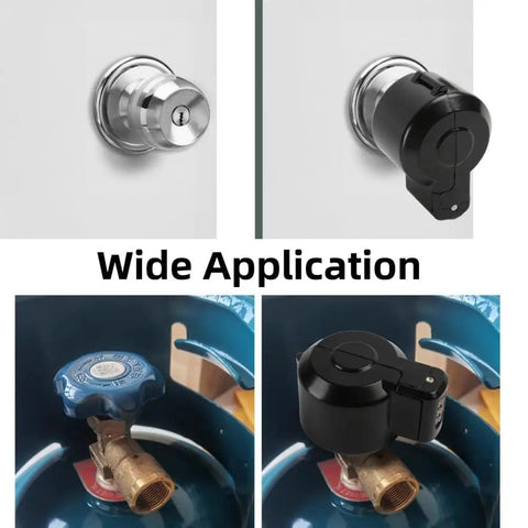 Image showing Code Lockout Door Knob Device Cover No Key Needed to Disable Doorknob From Outside Without Drilling in use on a door and gas valve.